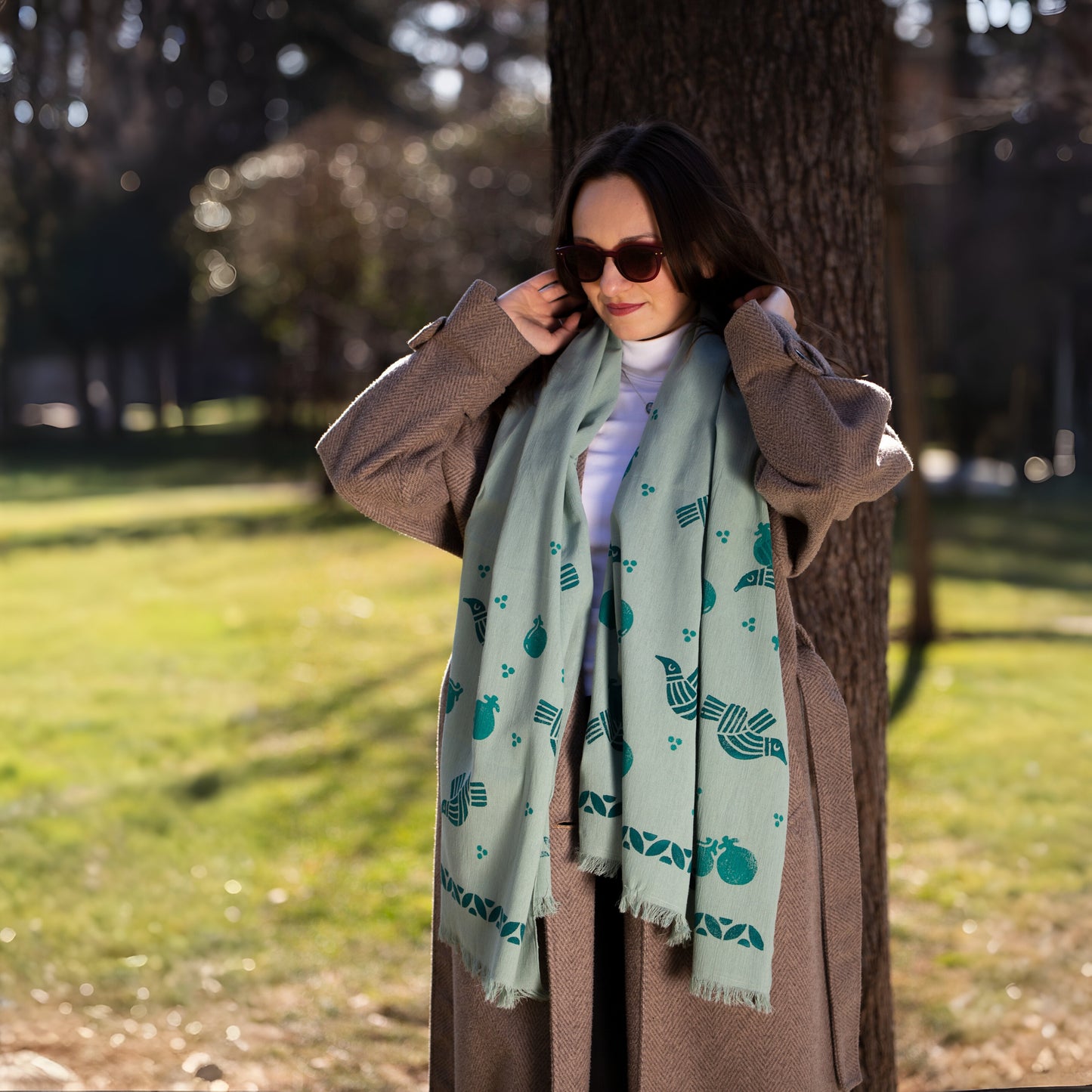 Light green scarf with birds and pomegranates - Aesthetic and Cozy scarf