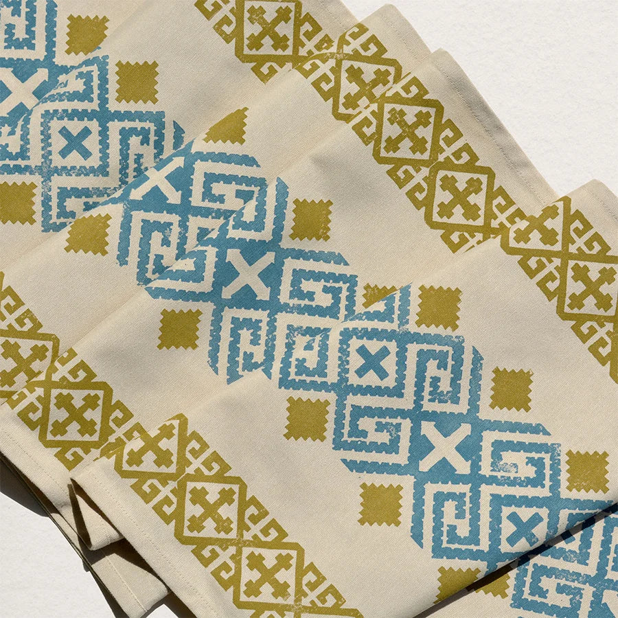 golden and blue table runner with ornaments from Khevsureti
