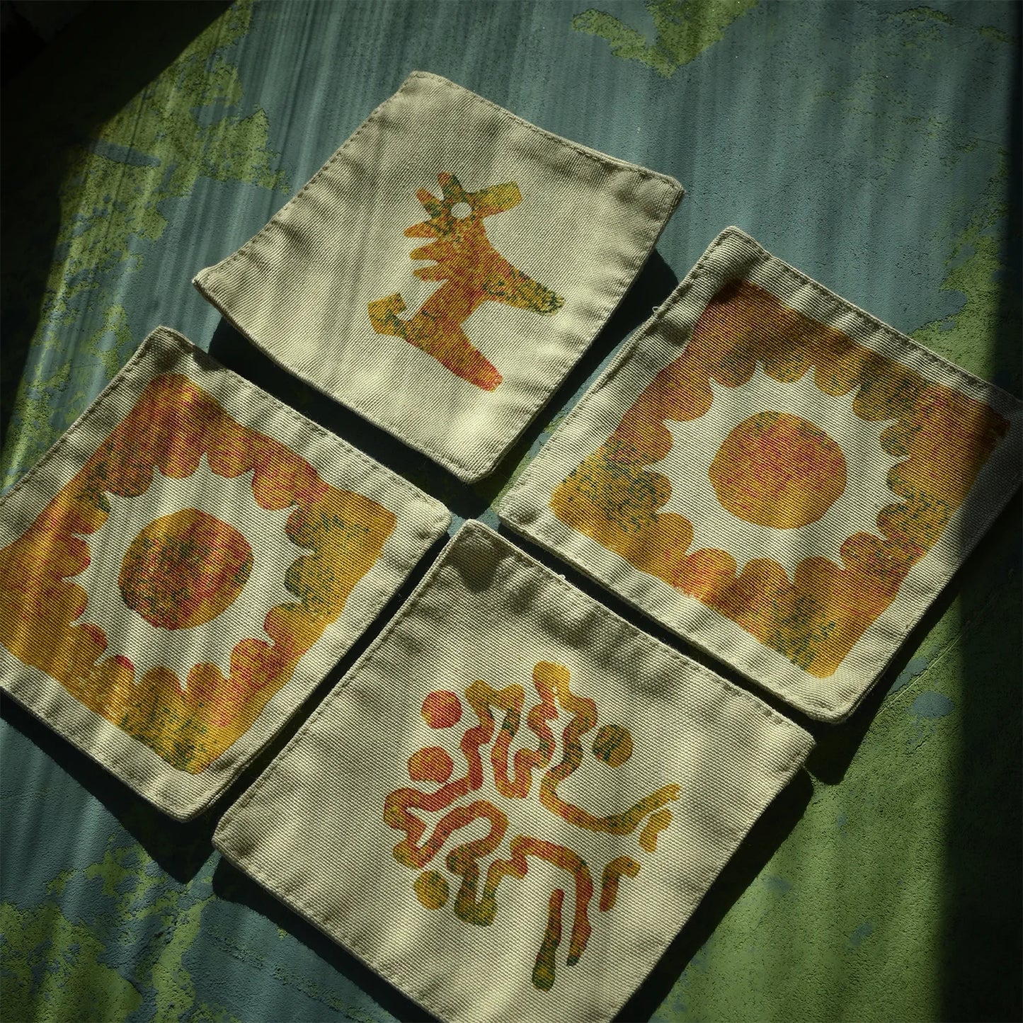 block printed coasters for cup with Georgian fairy tale symbols