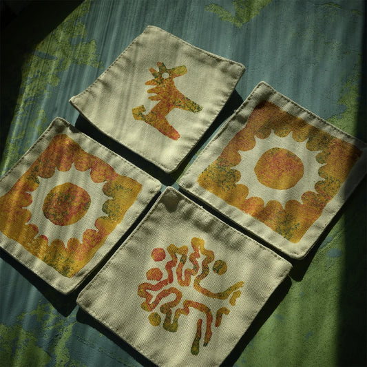 block printed coasters for cup with Georgian fairy tale symbols