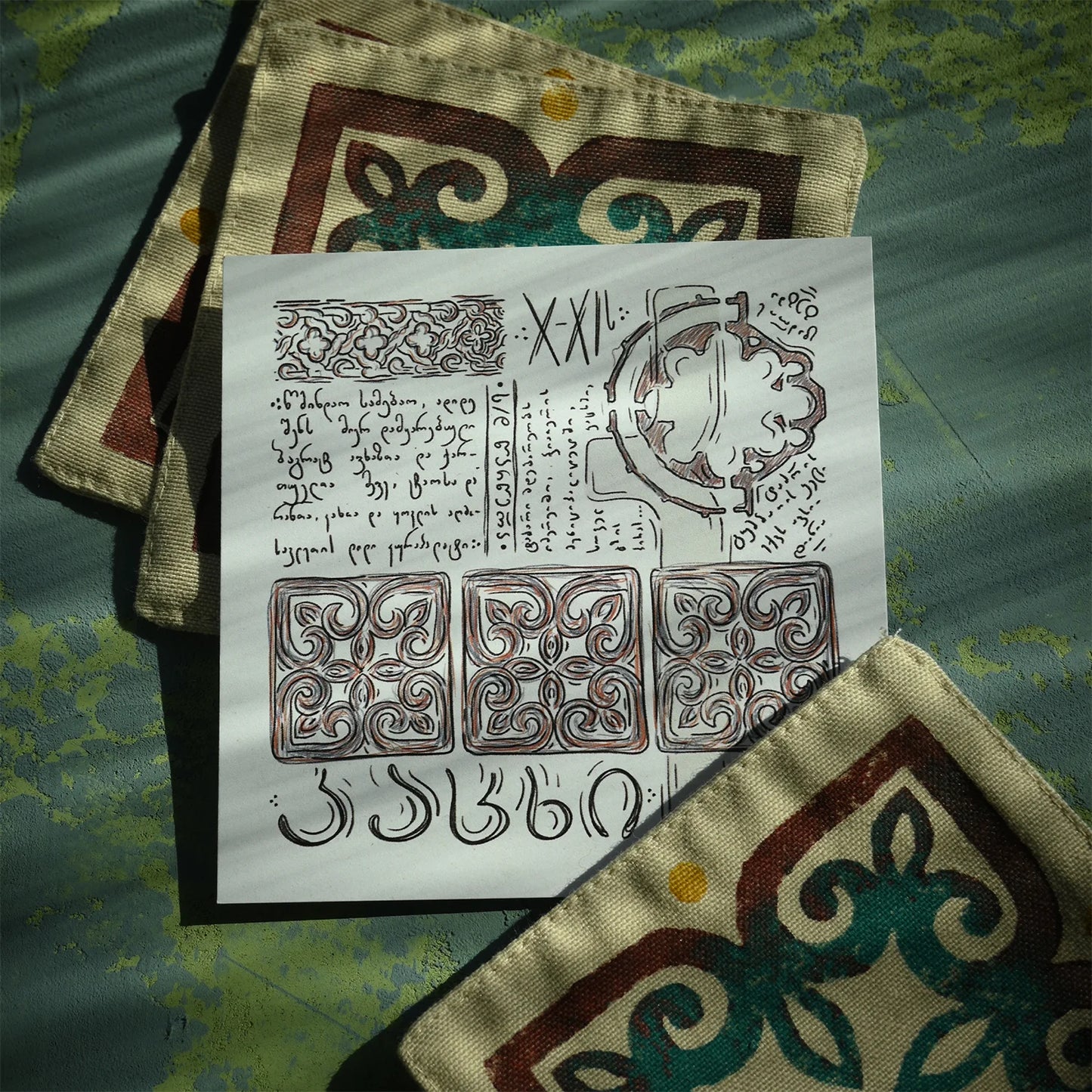 block printed drink coaster set and their story card