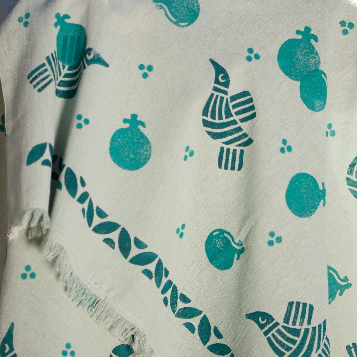 Light green scarf with birds and pomegranates - Aesthetic and Cozy scarf