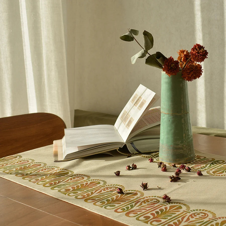 Thanksgiving table runner block printed with autumn leaves ornament