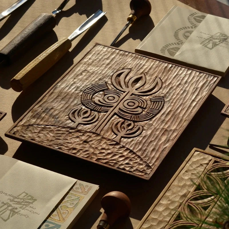 hand carved wood platter with Tree of  Life symbol motif - Bolnisi Church wall ornament , Georgia 