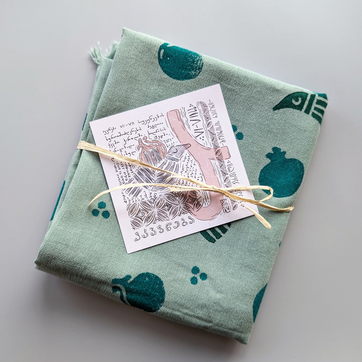Light green scarf with birds and pomegranates -  Aesthetic and  Cozy scarf