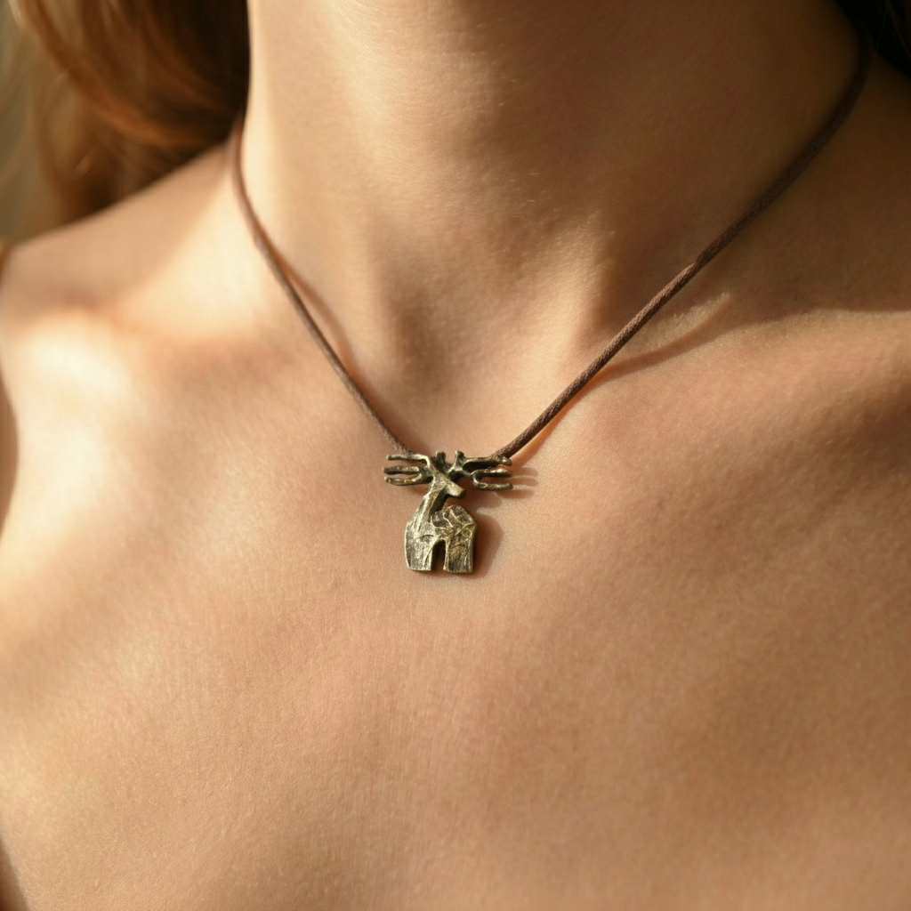 Woman wearing handmade brass deer necklace, Georgian artisan jewelry gift
