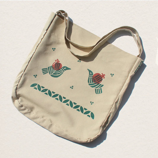cotton fabric tote bag with beautiful birds and pomegranates