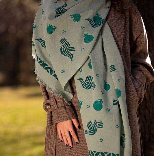 Light green scarf with birds and pomegranates -  Aesthetic and  Cozy scarf
