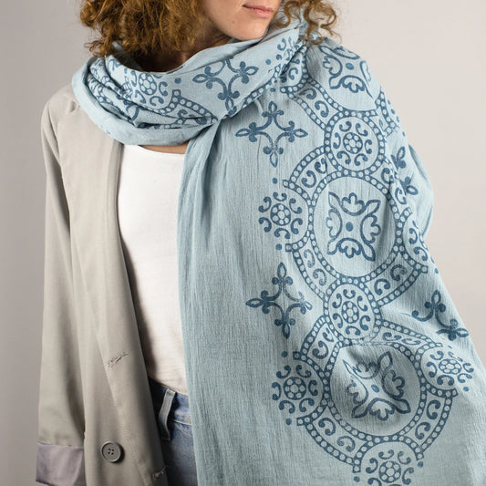 light blue scarf hand block printed with cultural patterns