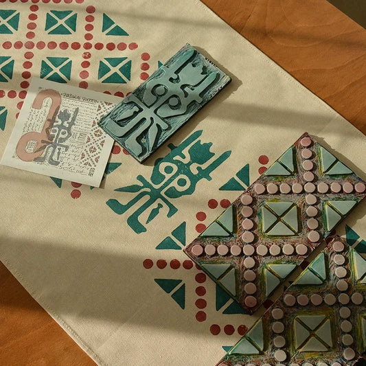 block printed modern table runner with red and green inks