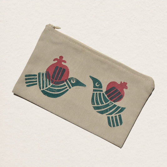 Perfect small or medium size pouch made by cotton - “Akvaneba Birds”