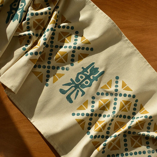 beautiful table cover with ancient symbols