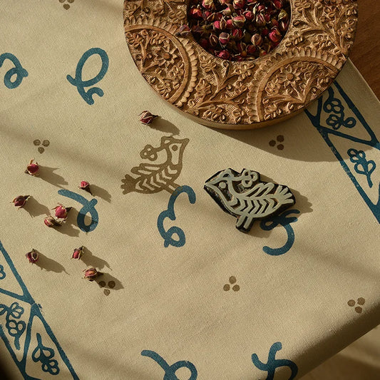 block printed table throw with Georgian alphabet typography