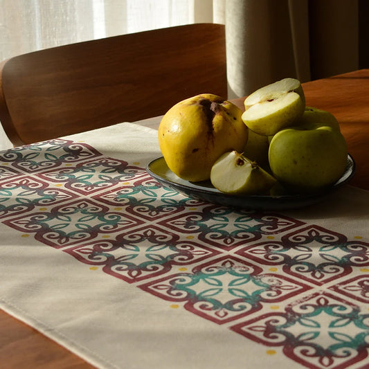 Block printed table topper, with cute angels and birds in long table runner style – Flowers of Katskhi