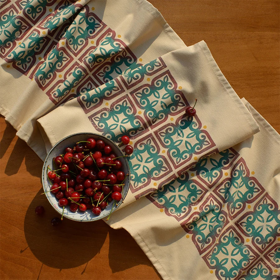 Block printed table topper, with cute angels and birds in long table runner style – Flowers of Katskhi