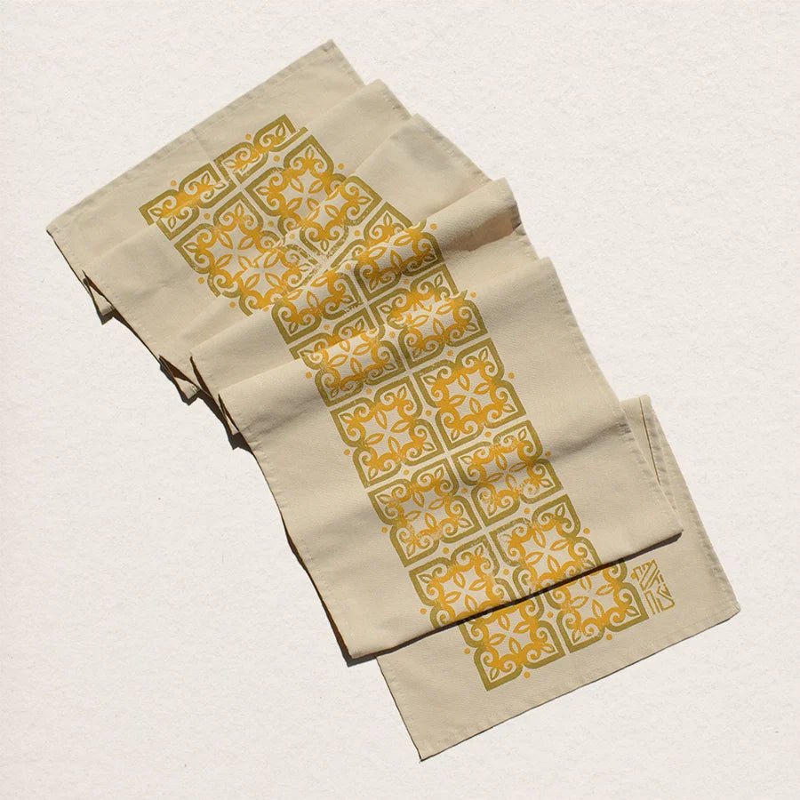 winter table runner with golden color patterns