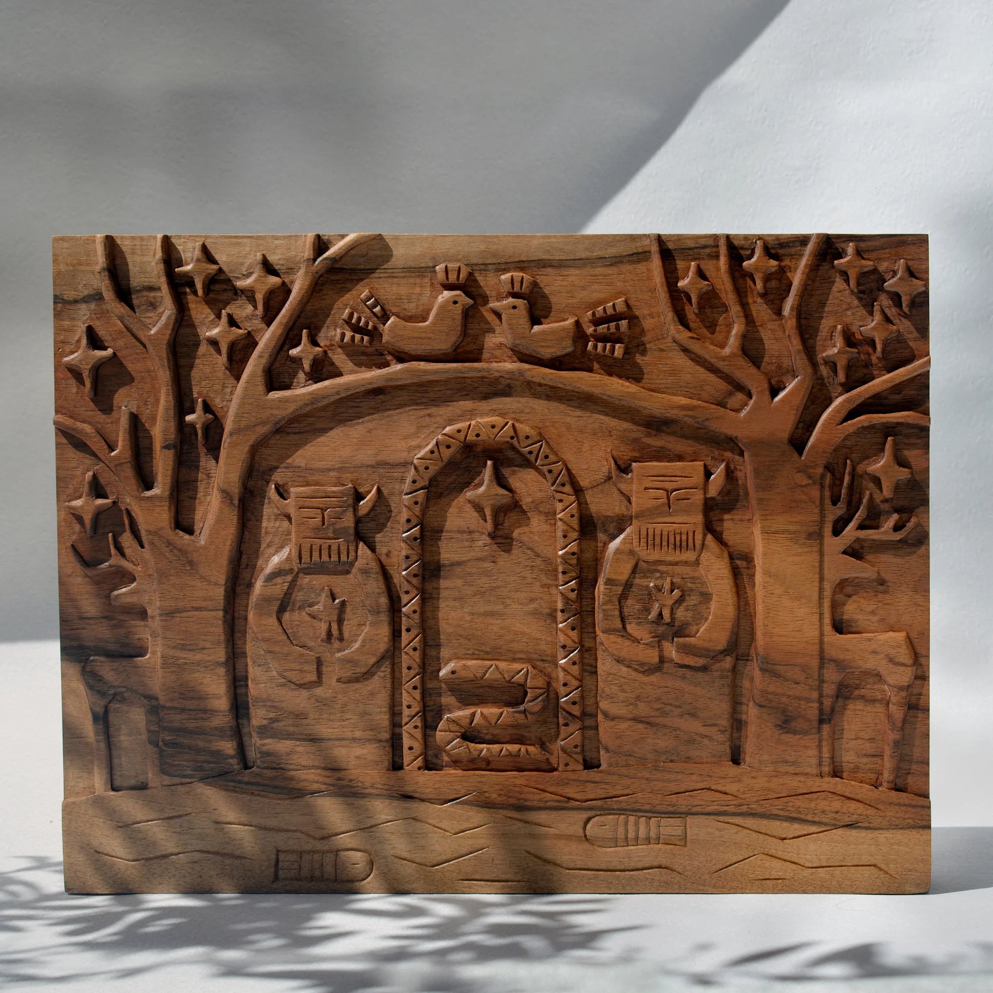 walnut wood wall art hand carved with fayre tale patterns