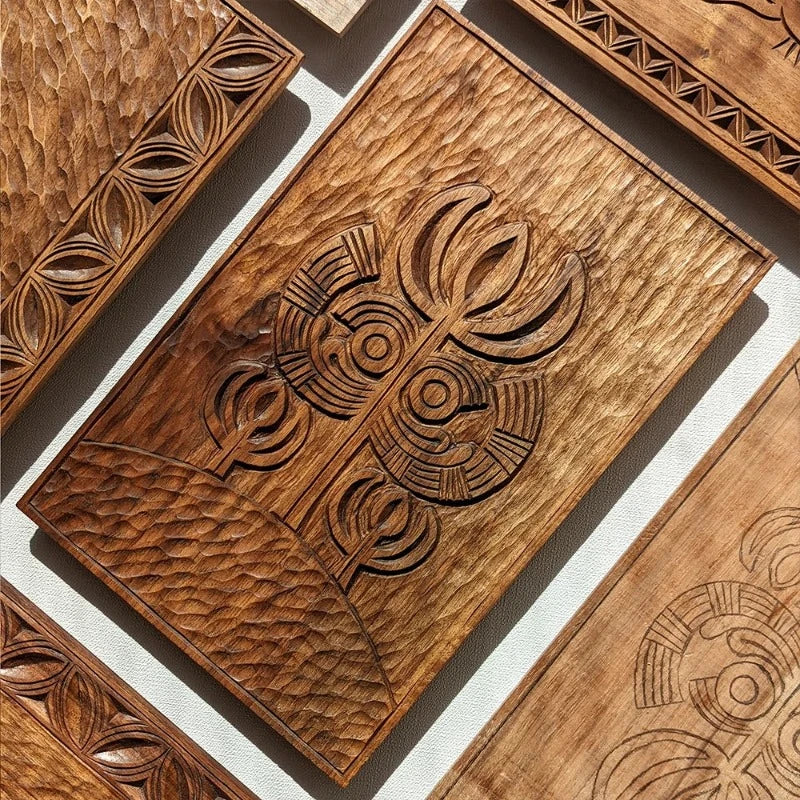 walnut wooden platter wit Tree of Life symbols 